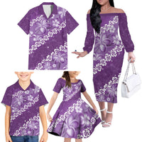 Vintage Purple Polynesia Family Matching Off The Shoulder Long Sleeve Dress and Hawaiian Shirt Plumeria With Hibiscus Tropical Vibes LT14 - Polynesian Pride