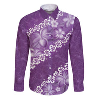 Vintage Purple Polynesia Family Matching Off The Shoulder Long Sleeve Dress and Hawaiian Shirt Plumeria With Hibiscus Tropical Vibes LT14 Dad's Shirt - Long Sleeve Purple - Polynesian Pride