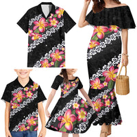 Black Polynesia Family Matching Mermaid Dress and Hawaiian Shirt Plumeria With Hibiscus Pattern Tropical Vibes