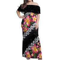 Black Polynesia Off Shoulder Maxi Dress Plumeria With Hibiscus Pattern Tropical Vibes