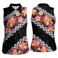 Black Polynesia Women Sleeveless Polo Shirt Plumeria With Hibiscus Pattern Tropical Vibes