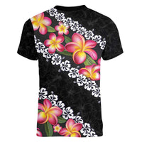 Black Polynesia Women V-Neck T-Shirt Plumeria With Hibiscus Pattern Tropical Vibes