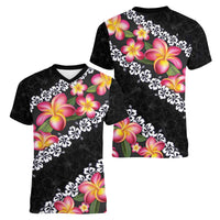 Black Polynesia Women V-Neck T-Shirt Plumeria With Hibiscus Pattern Tropical Vibes
