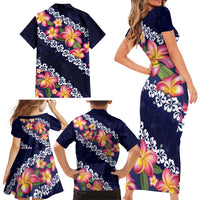 Blue Polynesia Family Matching Short Sleeve Bodycon Dress and Hawaiian Shirt Plumeria With Hibiscus Pattern Tropical Vibes