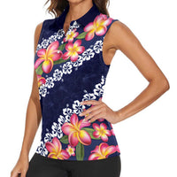 Blue Polynesia Women Sleeveless Polo Shirt Plumeria With Hibiscus Pattern Tropical Vibes