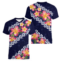 Blue Polynesia Women V-Neck T-Shirt Plumeria With Hibiscus Pattern Tropical Vibes
