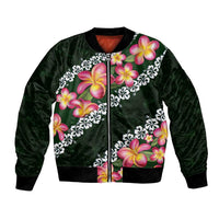 Green Polynesia Bomber Jacket Plumeria With Hibiscus Pattern Tropical Vibes LT14 Unisex Green - Polynesian Pride