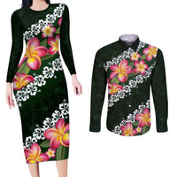 Green Polynesia Couples Matching Long Sleeve Bodycon Dress and Long Sleeve Button Shirt Plumeria With Hibiscus Pattern Tropical Vibes