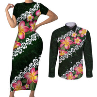 Green Polynesia Couples Matching Short Sleeve Bodycon Dress and Long Sleeve Button Shirt Plumeria With Hibiscus Pattern Tropical Vibes