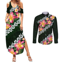 Green Polynesia Couples Matching Summer Maxi Dress and Long Sleeve Button Shirt Plumeria With Hibiscus Pattern Tropical Vibes