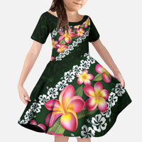 Green Polynesia Family Matching Off The Shoulder Long Sleeve Dress and Hawaiian Shirt Plumeria With Hibiscus Pattern Tropical Vibes LT14 Daughter's Dress Green - Polynesian Pride