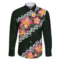 Green Polynesia Family Matching Off The Shoulder Long Sleeve Dress and Hawaiian Shirt Plumeria With Hibiscus Pattern Tropical Vibes LT14 Dad's Shirt - Long Sleeve Green - Polynesian Pride