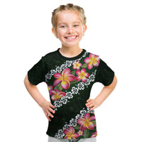 Green Polynesia Kid T Shirt Plumeria With Hibiscus Pattern Tropical Vibes