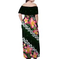 Green Polynesia Off Shoulder Maxi Dress Plumeria With Hibiscus Pattern Tropical Vibes