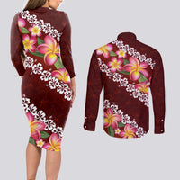 Oxblood Polynesia Couples Matching Long Sleeve Bodycon Dress and Long Sleeve Button Shirt Plumeria With Hibiscus Pattern Tropical Vibes