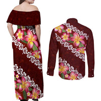 Oxblood Polynesia Couples Matching Off Shoulder Maxi Dress and Long Sleeve Button Shirt Plumeria With Hibiscus Pattern Tropical Vibes