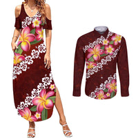 Oxblood Polynesia Couples Matching Summer Maxi Dress and Long Sleeve Button Shirt Plumeria With Hibiscus Pattern Tropical Vibes
