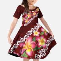 Oxblood Polynesia Family Matching Off The Shoulder Long Sleeve Dress and Hawaiian Shirt Plumeria With Hibiscus Pattern Tropical Vibes LT14 Daughter's Dress Oxblood - Polynesian Pride