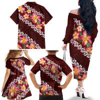 Oxblood Polynesia Family Matching Off The Shoulder Long Sleeve Dress and Hawaiian Shirt Plumeria With Hibiscus Pattern Tropical Vibes LT14 - Polynesian Pride
