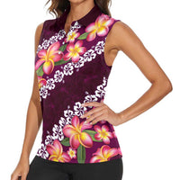 Pink Polynesia Women Sleeveless Polo Shirt Plumeria With Hibiscus Pattern Tropical Vibes