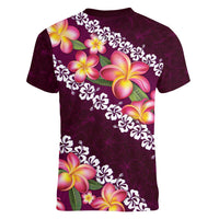 Pink Polynesia Women V-Neck T-Shirt Plumeria With Hibiscus Pattern Tropical Vibes