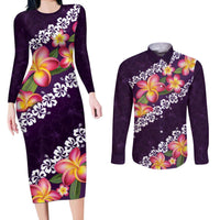 Purple Polynesia Couples Matching Long Sleeve Bodycon Dress and Long Sleeve Button Shirt Plumeria With Hibiscus Pattern Tropical Vibes