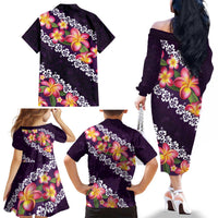 Purple Polynesia Family Matching Off The Shoulder Long Sleeve Dress and Hawaiian Shirt Plumeria With Hibiscus Pattern Tropical Vibes LT14 - Polynesian Pride