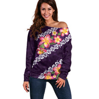 Purple Polynesia Off Shoulder Sweater Plumeria With Hibiscus Pattern Tropical Vibes LT14 Women Purple - Polynesian Pride