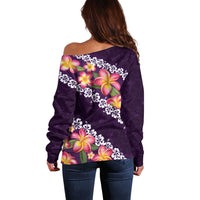 Purple Polynesia Off Shoulder Sweater Plumeria With Hibiscus Pattern Tropical Vibes LT14 - Polynesian Pride