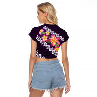 Purple Polynesia Raglan Cropped T Shirt Plumeria With Hibiscus Pattern Tropical Vibes