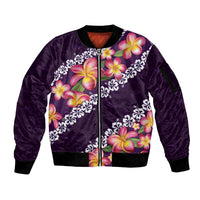 Purple Polynesia Sleeve Zip Bomber Jacket Plumeria With Hibiscus Pattern Tropical Vibes LT14 Unisex Purple - Polynesian Pride