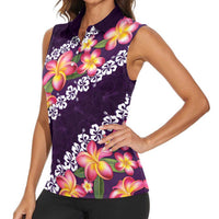 Purple Polynesia Women Sleeveless Polo Shirt Plumeria With Hibiscus Pattern Tropical Vibes