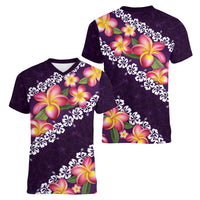 Purple Polynesia Women V-Neck T-Shirt Plumeria With Hibiscus Pattern Tropical Vibes