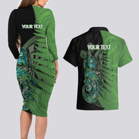 Personalised New Zealand Darts Couples Matching Long Sleeve Bodycon Dress and Hawaiian Shirt Aotearoa Maori Fern Mix Manaia Tattoo LT14 - Polynesian Pride