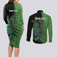 Personalised New Zealand Darts Couples Matching Long Sleeve Bodycon Dress and Long Sleeve Button Shirt Aotearoa Maori Fern Mix Manaia Tattoo LT14 - Polynesian Pride