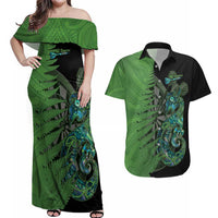 Personalised New Zealand Darts Couples Matching Off Shoulder Maxi Dress and Hawaiian Shirt Aotearoa Maori Fern Mix Manaia Tattoo LT14 Green - Polynesian Pride