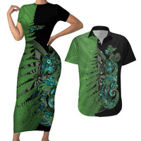 Personalised New Zealand Darts Couples Matching Short Sleeve Bodycon Dress and Hawaiian Shirt Aotearoa Maori Fern Mix Manaia Tattoo LT14 Green - Polynesian Pride
