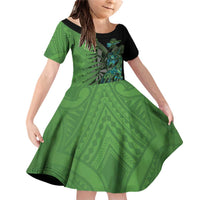 Personalised New Zealand Darts Family Matching Off Shoulder Short Dress and Hawaiian Shirt Aotearoa Maori Fern Mix Manaia Tattoo LT14 Daughter's Dress Green - Polynesian Pride