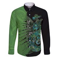 Personalised New Zealand Darts Family Matching Off Shoulder Short Dress and Hawaiian Shirt Aotearoa Maori Fern Mix Manaia Tattoo LT14 Dad's Shirt - Long Sleeve Green - Polynesian Pride