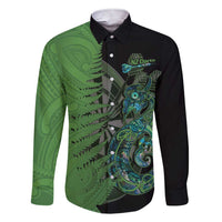 Personalised New Zealand Darts Family Matching Short Sleeve Bodycon Dress and Hawaiian Shirt Aotearoa Maori Fern Mix Manaia Tattoo LT14 Dad's Shirt - Long Sleeve Green - Polynesian Pride