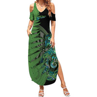 Personalised New Zealand Darts Family Matching Summer Maxi Dress and Hawaiian Shirt Aotearoa Maori Fern Mix Manaia Tattoo LT14 Mom's Dress Green - Polynesian Pride