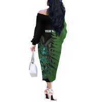 Personalised New Zealand Darts Off The Shoulder Long Sleeve Dress Aotearoa Maori Fern Mix Manaia Tattoo LT14 - Polynesian Pride