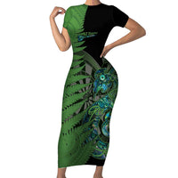 Personalised New Zealand Darts Short Sleeve Bodycon Dress Aotearoa Maori Fern Mix Manaia Tattoo LT14 Long Dress Green - Polynesian Pride