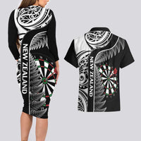 Personalised New Zealand Darts Couples Matching Long Sleeve Bodycon Dress and Hawaiian Shirt Aotearoa Fern Mix Paua Shell Manaia - Black LT14 - Polynesian Pride