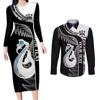 Personalised New Zealand Darts Couples Matching Long Sleeve Bodycon Dress and Long Sleeve Button Shirt Aotearoa Fern Mix Paua Shell Manaia - Black LT14 Black - Polynesian Pride