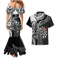 Personalised New Zealand Darts Couples Matching Mermaid Dress and Hawaiian Shirt Aotearoa Fern Mix Paua Shell Manaia - Black LT14 - Polynesian Pride