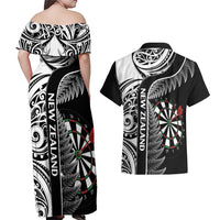 Personalised New Zealand Darts Couples Matching Off Shoulder Maxi Dress and Hawaiian Shirt Aotearoa Fern Mix Paua Shell Manaia - Black LT14 - Polynesian Pride