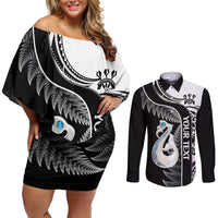 Personalised New Zealand Darts Couples Matching Off Shoulder Short Dress and Long Sleeve Button Shirt Aotearoa Fern Mix Paua Shell Manaia - Black LT14 Black - Polynesian Pride