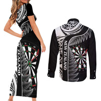 Personalised New Zealand Darts Couples Matching Short Sleeve Bodycon Dress and Long Sleeve Button Shirt Aotearoa Fern Mix Paua Shell Manaia - Black LT14 - Polynesian Pride