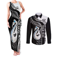Personalised New Zealand Darts Couples Matching Tank Maxi Dress and Long Sleeve Button Shirt Aotearoa Fern Mix Paua Shell Manaia - Black LT14 Black - Polynesian Pride